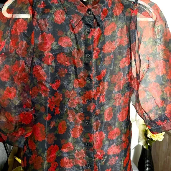 ♥️ Blashe Sheer Dramatic Floral Puff Sleeve Blouse - Picture 7 of 10